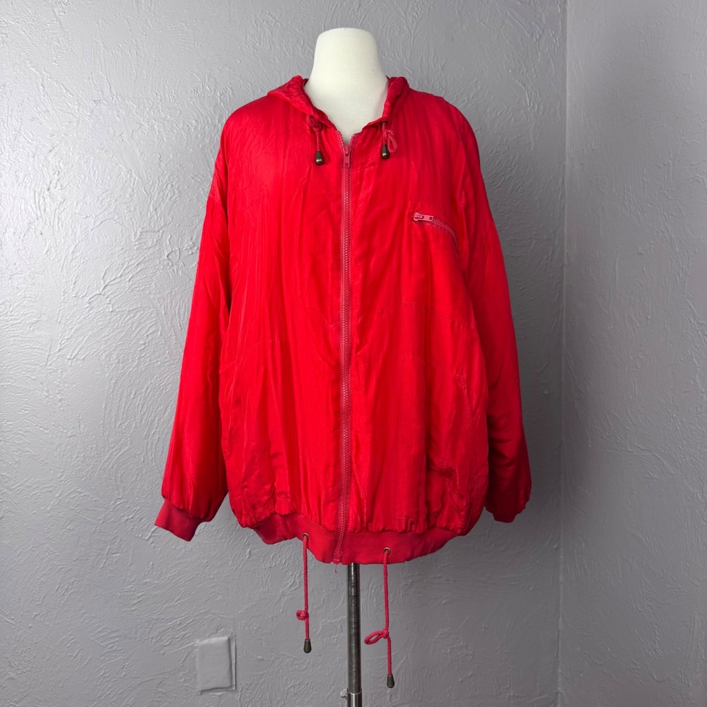 Vintage 90s Express Campagnie Red Silk Puffy Jacket Coat Large Primary colors